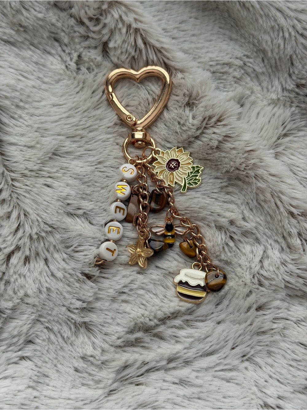 Gold Heart Keychain with Sunflower Charm and tigers eye stone